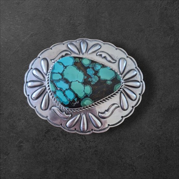 Vintage Navajo Robert Shakey Sterling Silver Belt Buckle With Tibetan Turquoise - Picture 1 of 4